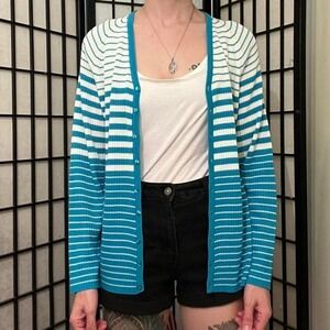 Blue and White Striped Cardigan by Jenny Vintage 90s Medium Retro Spring